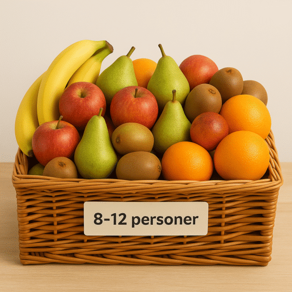 Stor frugtordning til virksomheder med 45 stk frisk frugt – perfekt til 8-12 personer. Få leveret bananer, æbler, pærer og sæsonfrugt direkte til kontoret