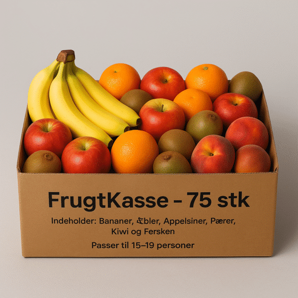 Indhold Den store FrugtKasse er til ca. 14-18 personer og indeholder 75 stykker frugt fordelt på 5 forskellige varianter: Bananer, Æbler, Pærer samt 2 typer sæsonbestemt frugt. Miljøaftryk Den samlede klimabelastning for denne kasse er cirka 6,50 kg CO2. Her er fordelingen pr. frugttype: 20 bananer: ca. 2,92 kg CO2 18 æbler: ca. 1,49 kg CO2 15 pærer: ca. 1,01 kg CO2 14 stk. sæsonfrugt 1: ca. 0,73 kg CO2 8 stk. sæsonfrugt 2: ca. 0,35 kg