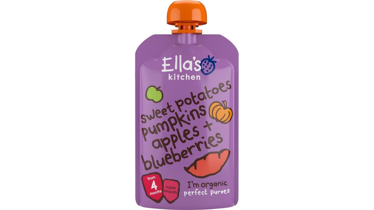 Babymad m. sød kartoffel, græskar, æble & blåbær øko. Ella's Kitchen