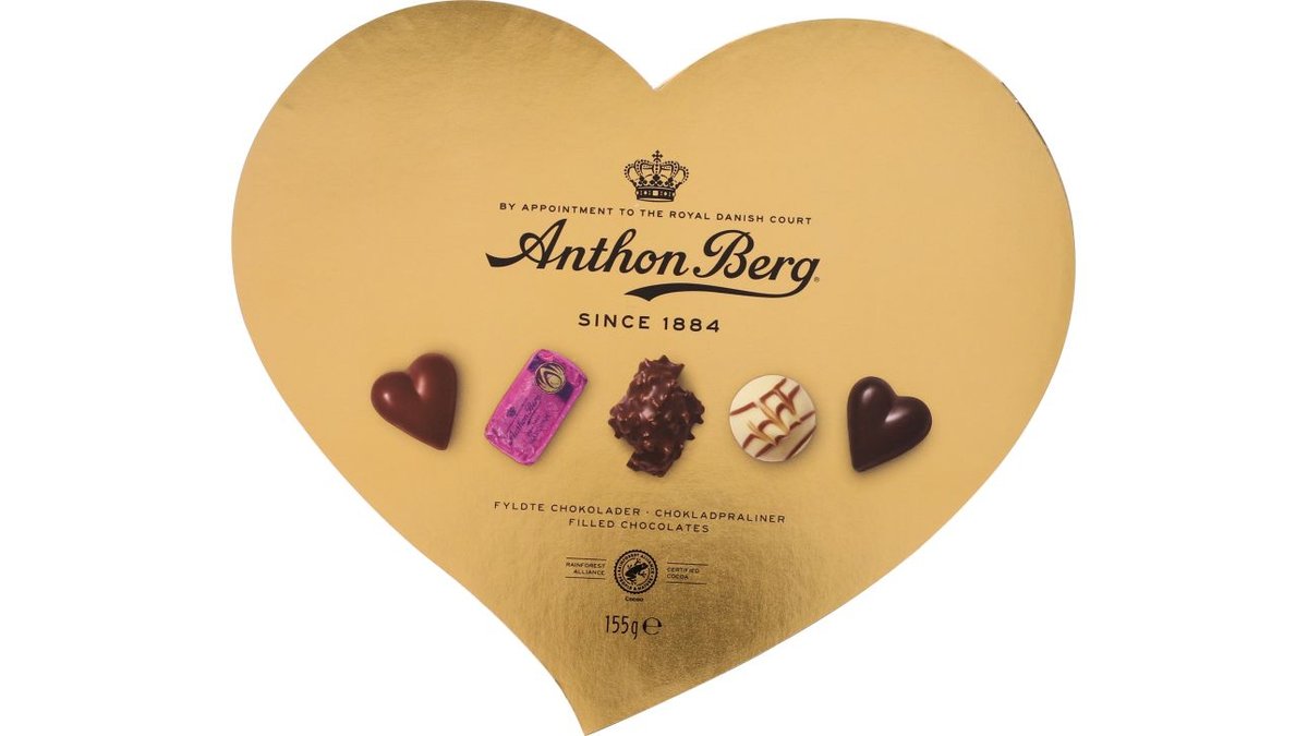 Fyldte dessertchokolader i hjerteæske, Anthon Berg