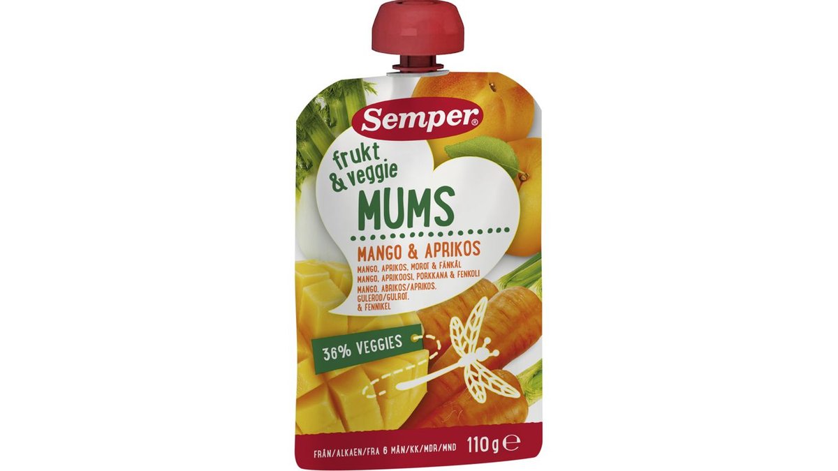 Frugt- & grøntsagsmums m. mango, gulerod & abrikos i klempose, Semper