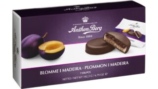 Fyldt chokolade m. marcipan og blomme i Madeira, Anthon Berg