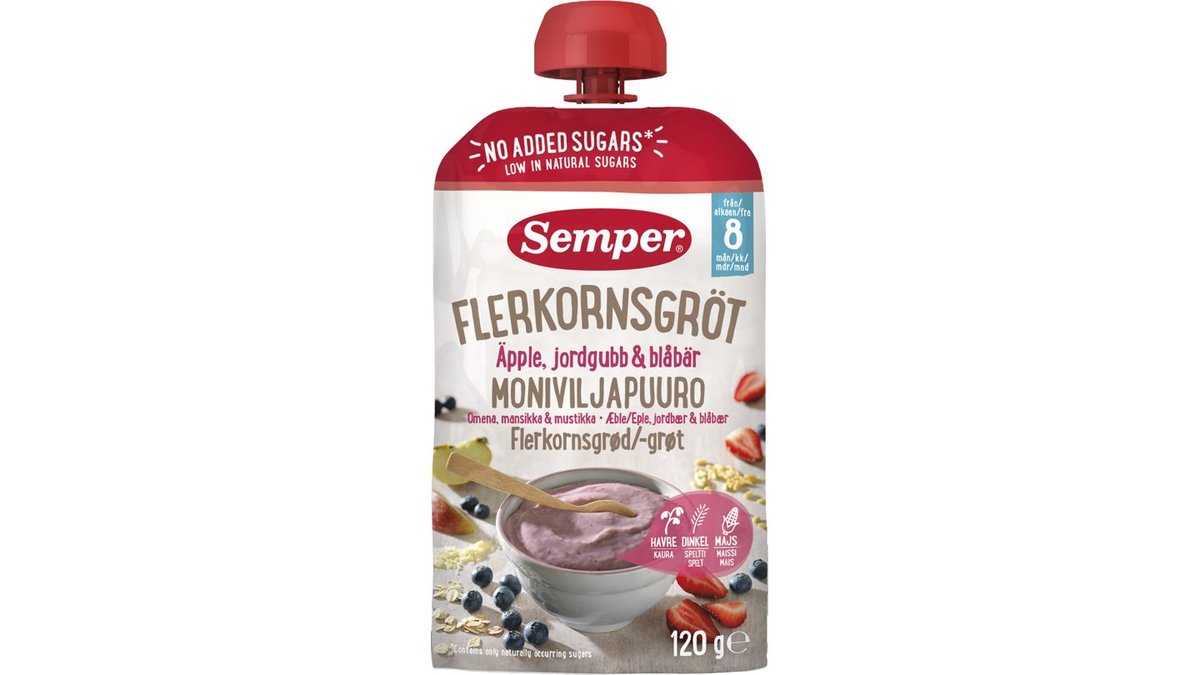 Flerkornsgrød m. æble, jordbær & blåbær i klempose, Semper